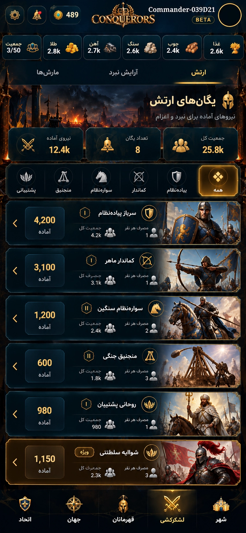 Supplied Conquerors army command UI artwork