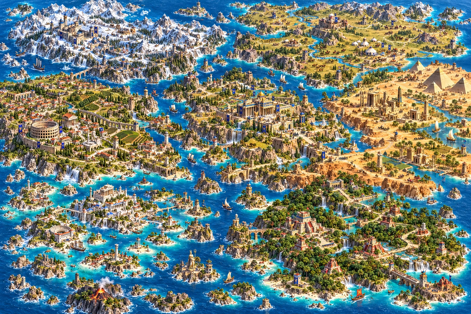 Expansive concept world map of all seven Conquerors civilization homelands